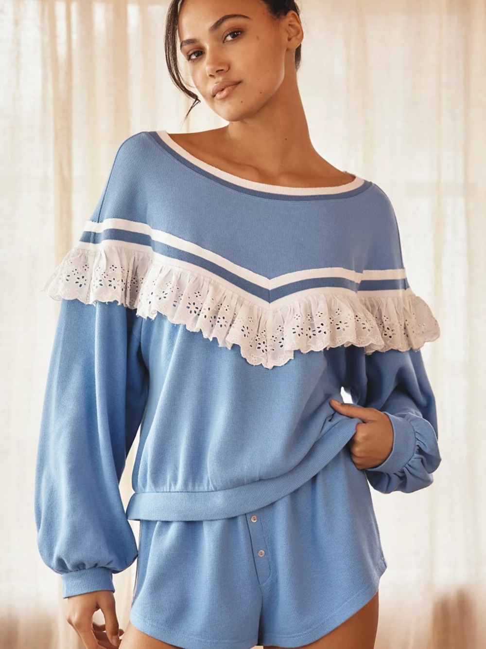 Anthropologie Blue Lounge Top with White Eyelet Ruffle